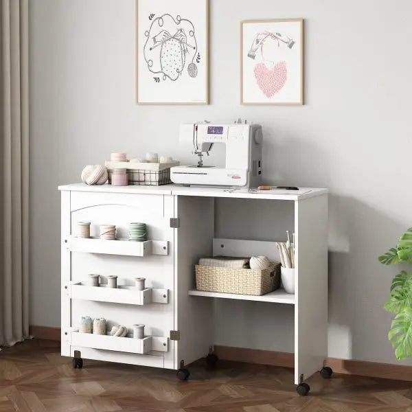 Folding Sewing Craft Table with Storage and Lockable Casters