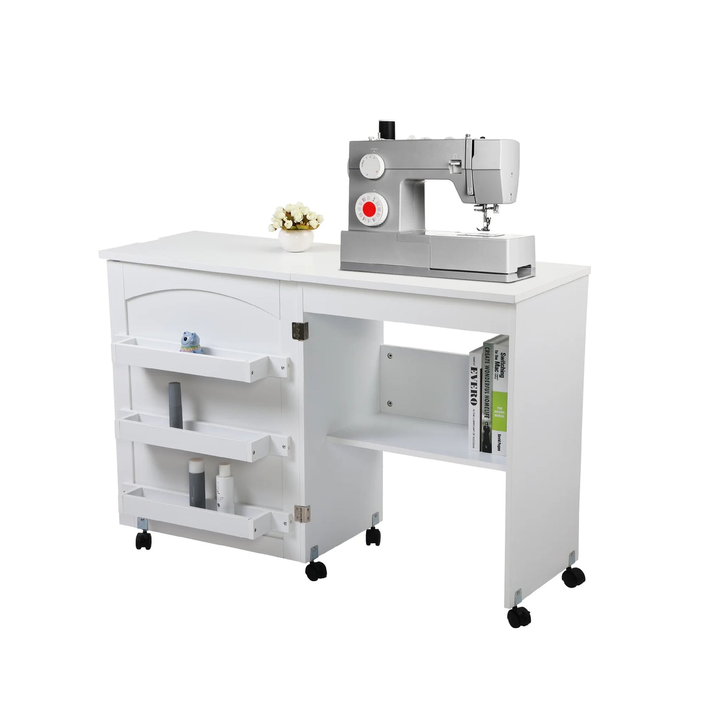 Folding Sewing Craft Table with Storage and Lockable Casters