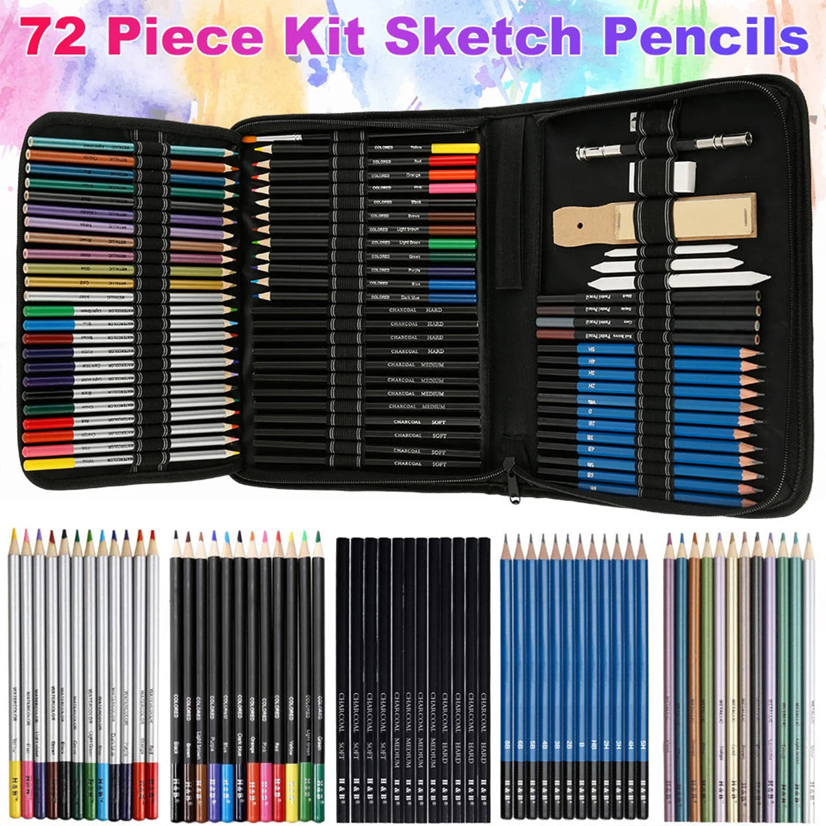 72Pcs Drawing Sketching Kit Set, Pro Art Supplies with Watercolor, Graphite, Colored, Metallic, Charcoal Pencil, Drawing Set