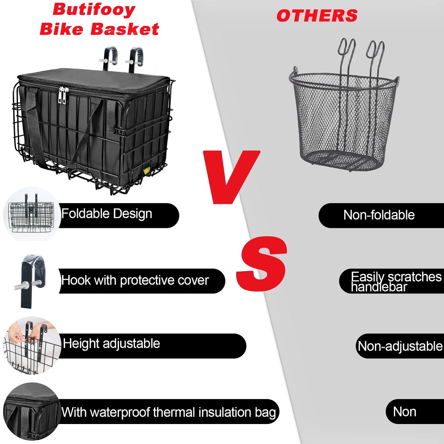 Bike Basket Folding Front Detachable with Waterproof Liner